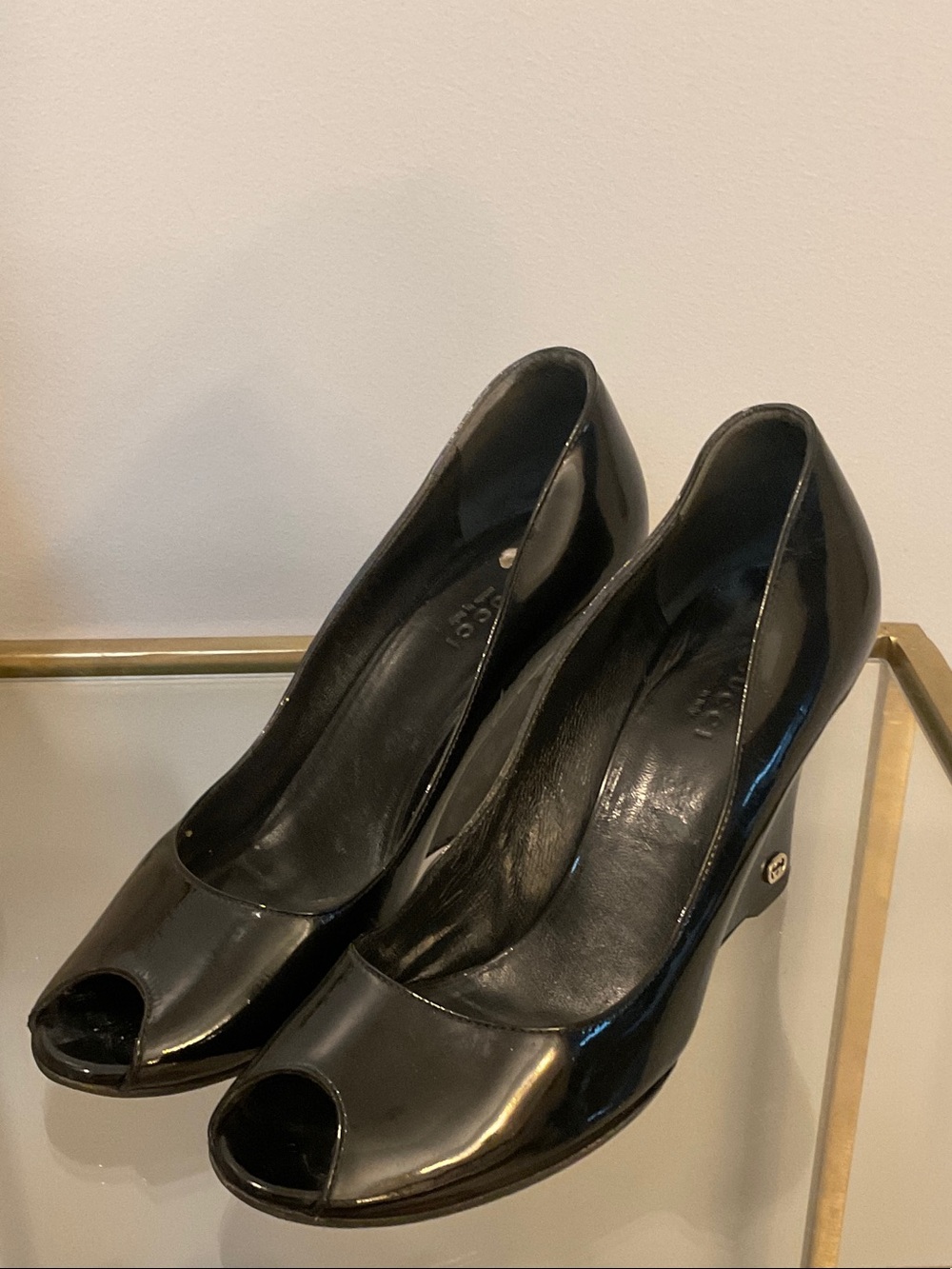 Gucci Black Patent Peep-Toe Wedge Pumps - Picture 2 of 3